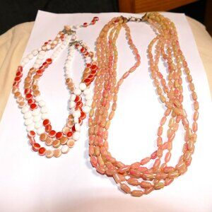 Vintage Set of Two Orange & White Multi Strand Bead Necklaces